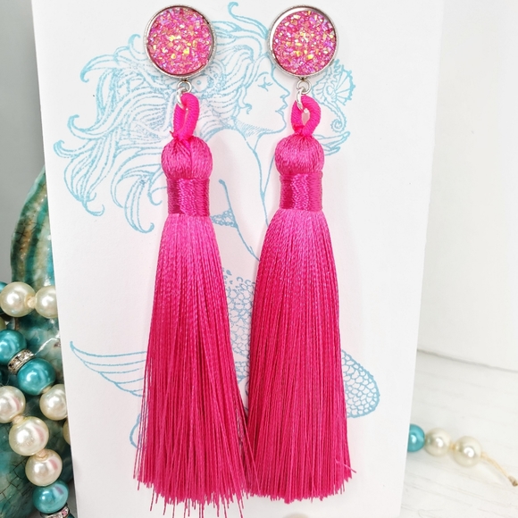 Pink Acrylic Druzy Tassel Earrings - Picture 2 of 5